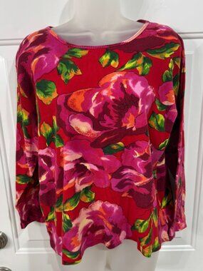 Vintage Jason Maxwell Vibrant Floral Ribbed Long Sleeve Top Size XL